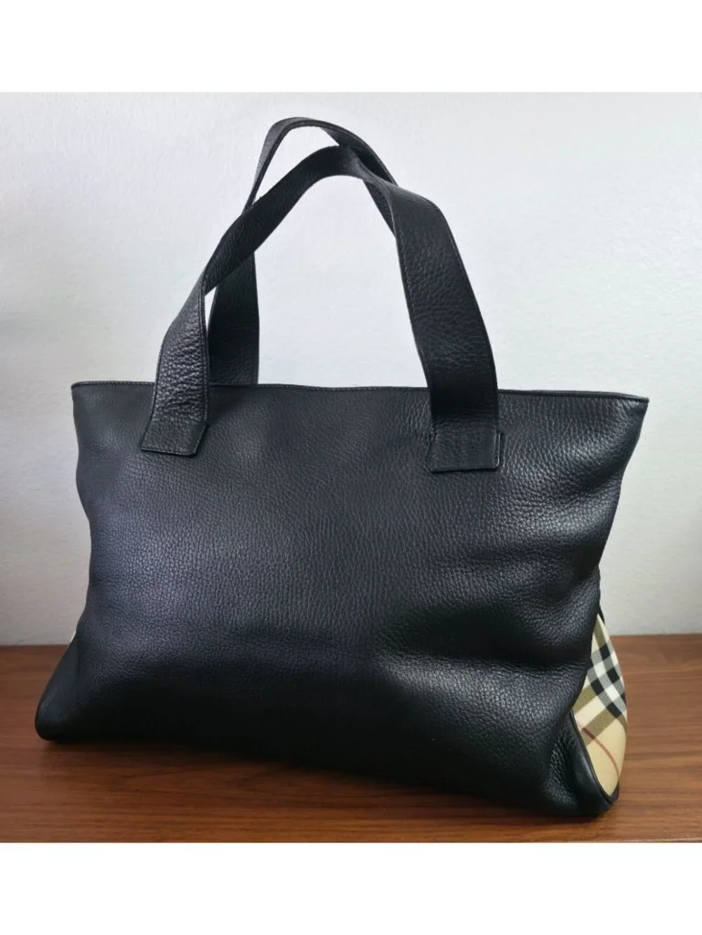 Burberry Black Pebble Leather Horn Toggle Tote Bag Nova Check Side Panels Italy - Picture 3 of 12